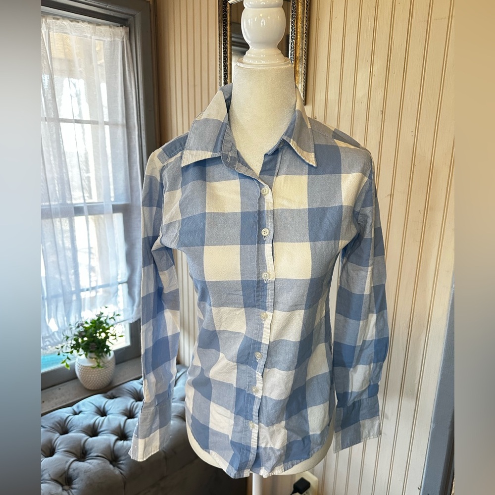 Norma Kamali Buffalo Plaid Button Down Shirt Women XS Blue White Coastal Cowgirl